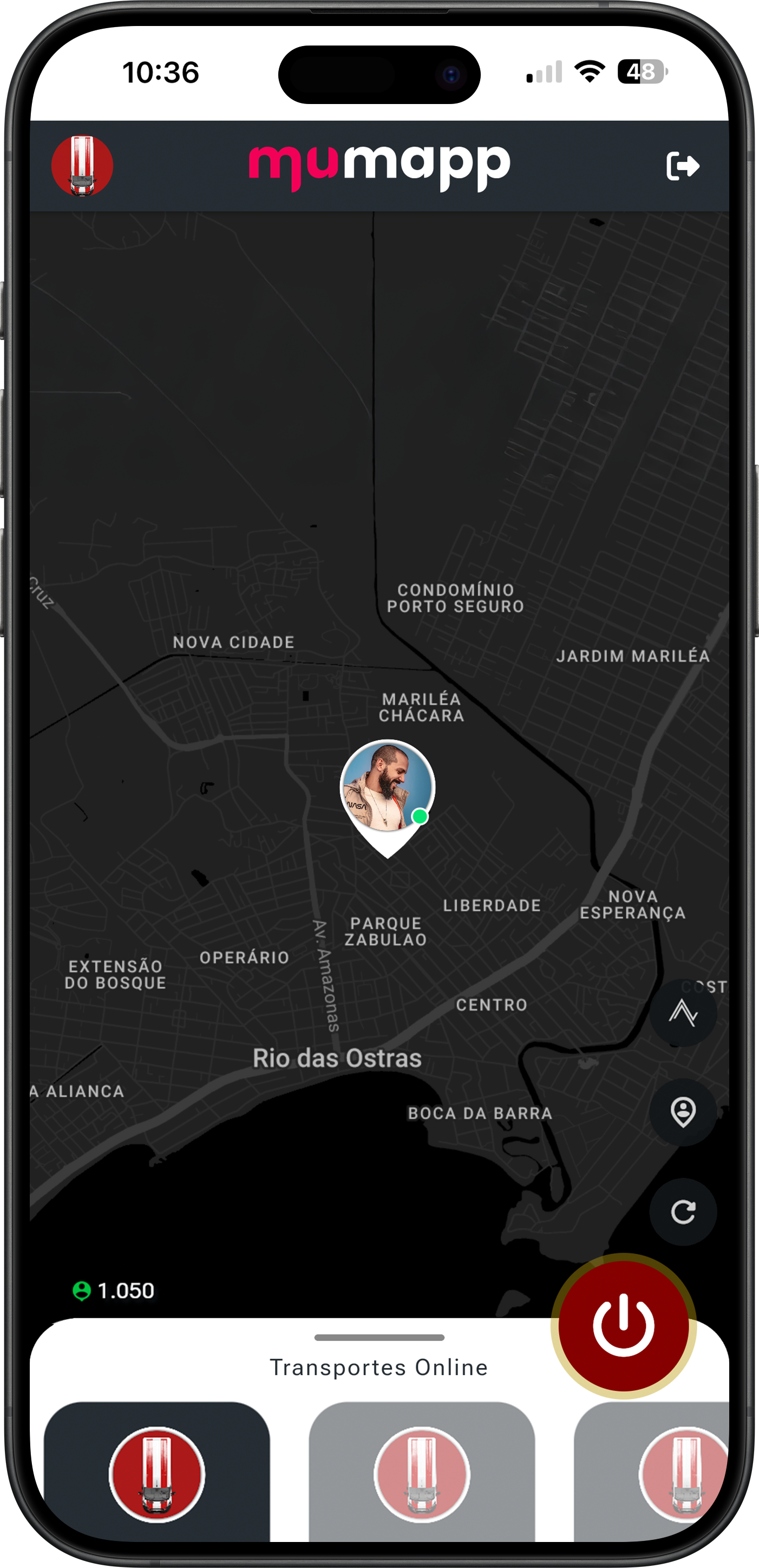Tela do app Mumapp mostrando o mapa de Rio das Ostras com a localização do motorista em tempo real